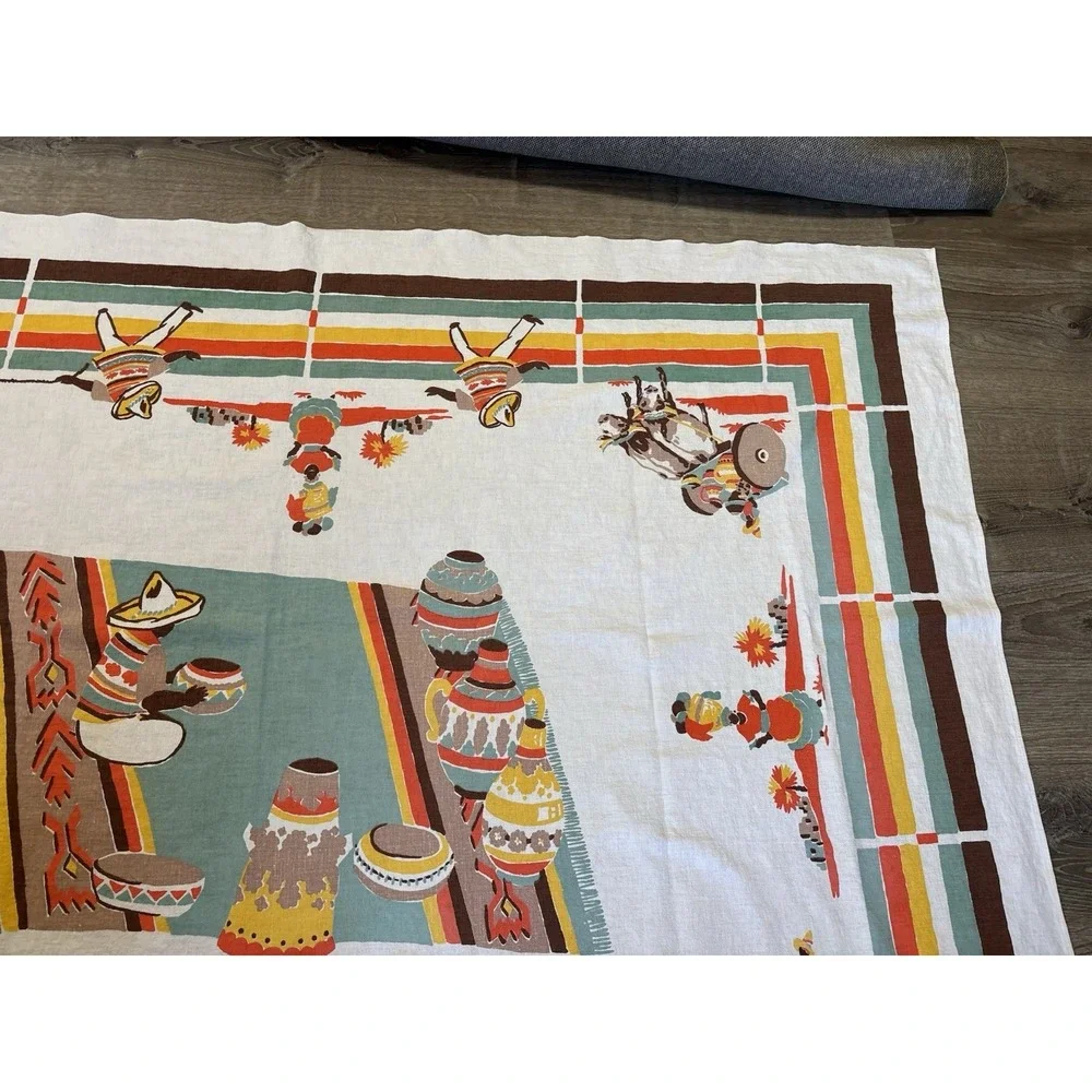 Vintage Startex Tablecloth 49x63 Vibrant Mexican Folk Art Southwestern MCM 1950s